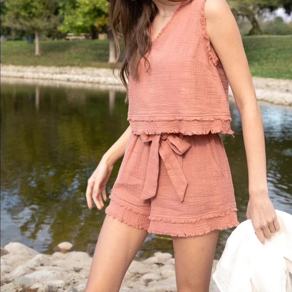NWT Frayed detail cotton textured gauze top & High Waisted shorts set - Picture 1 of 9